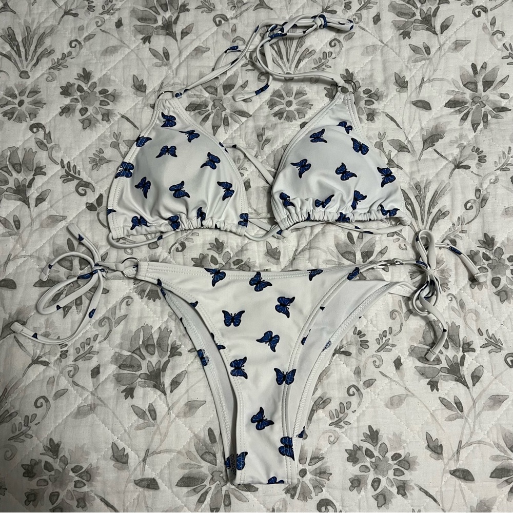 SHEIN Blue & White Butterfly Triangle Tie-Up Cheeky Bikini Set